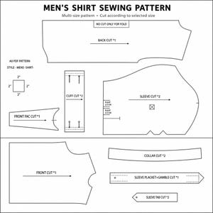 May include: A black and white sewing pattern for a shirt featuring labeled pieces including back, front, sleeve, collar, cuff, and placket. The diagram includes text labels, a 2-inch square test box, and arrows indicating grain lines for fabric cutting.