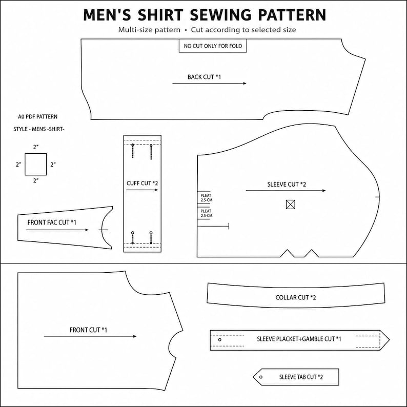 May include: A black and white sewing pattern for a shirt featuring labeled pieces including back, front, sleeve, collar, cuff, and placket. The diagram includes text labels, a 2-inch square test box, and arrows indicating grain lines for fabric cutting.