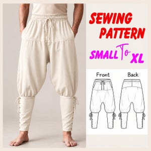 May include: Off-white pants with an elastic drawstring waistband and fitted lower legs featuring side lacing. The text reads SEWING PATTERN SMALL TO XL. A technical line drawing shows the front and back views of the pants design.