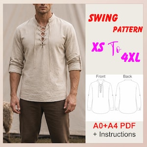 Könnte beinhalten: Ein beiges Langarmhemd mit Schnürung vorne und hochkrempelbaren Ärmeln. Das Bild enthält den Text SWING PATTERN XS To 4XL, A0+A4 PDF + Instructions sowie eine Strichzeichnung, die die Vorder- und Rückansicht des Hemddesigns zeigt.