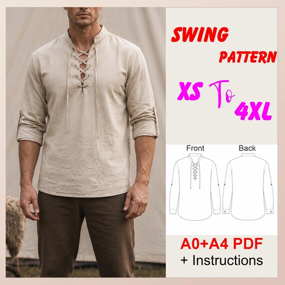 Men’s Medieval Shirt Sewing Pattern PDF, Renaissance Pirate Shirt Pattern, Viking Tunic, XS-4XL Instant Download