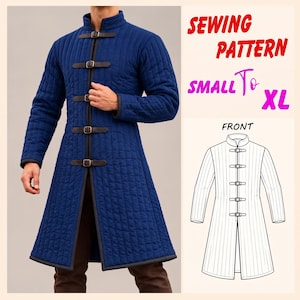 May include: A blue quilted long-sleeve coat with a high collar and four dark brown leather buckle straps down the front. The text SEWING PATTERN SMALL TO XL is visible, along with a black and white line drawing labeled FRONT showing the coat design.