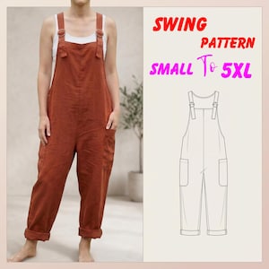 Könnte beinhalten: Rostfarbene Latzhose mit verstellbaren Trägern und Taschen. Das Bild enthält eine Strichzeichnung der Latzhose und den Text "SWING PATTERN SMALL TO 5XL". Die Latzhose wird über einem weißen Tanktop getragen.