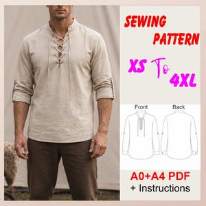 Könnte beinhalten: Ein beiges Langarmhemd mit Schnürung am Vorderteil und hochkrempelbaren Ärmeln. Das Bild enthält den Text SEWING PATTERN XS To 4XL, A0+A4 PDF + Instructions sowie eine Strichzeichnung, die die Vorder- und Rückansicht des Hemddesigns zeigt.