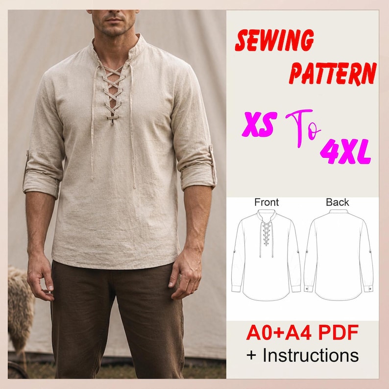 May include: A beige long-sleeve shirt with a lace-up front placket and roll-up sleeves. The image includes text reading SEWING PATTERN XS To 4XL, A0+A4 PDF + Instructions, and a line drawing showing the front and back views of the shirt design.