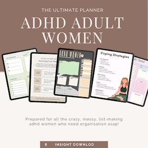 Könnte beinhalten: Digitaler Planer für erwachsene Frauen mit ADHS. Der Planer enthält Abschnitte für oberste Prioritäten, To-Do-Listen, Dankbarkeit und Bewältigungsstrategien. Der Text auf dem Planer lautet "ADHS Adult Women" und "The Ultimate Planner."