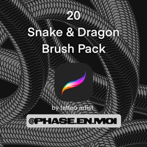 Può includere: Grafica di arte digitale con sfondo nero e motivo a scaglie di serpente grigio ripetuto. Il testo recita "20 Snake & Dragon Brush Pack" sopra un'icona dell'app Procreate. Sotto, il testo "by tattoo artist" e l'handle di Instagram "@PHASE.EN.MOI".