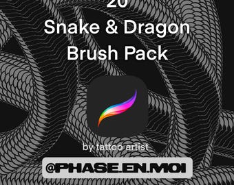Puede incluir: Gráfico de arte digital con fondo negro y un patrón repetitivo de escamas de serpiente en gris. El texto dice "20 Snake & Dragon Brush Pack" encima de un icono de la aplicación Procreate. Debajo, el texto "by tattoo artist" y el identificador de Instagram "@PHASE.EN.MOI".