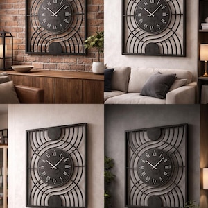 以下が含まれることがあります： 正方形のフレームと円形の文字盤を備えた黒い金属製の壁掛け時計。 時計にはローマ数字と装飾的な曲線が特徴です。 時計はレンガの壁とニュートラルカラーの壁に取り付けられています。