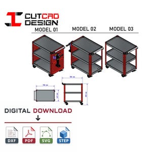May include: A digital download file for a three-tier rolling utility cart with red perforated side panels and grey shelves. The image displays three models, technical dimensions of 700 mm by 445 mm by 830 mm, and file formats DXF, PDF, SVG, and STEP.