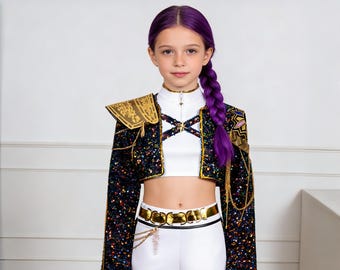Kids Rumi Demon Hunters Cosplay Set Sequin Outfit  Purple Wig  Sparkly Character Costume