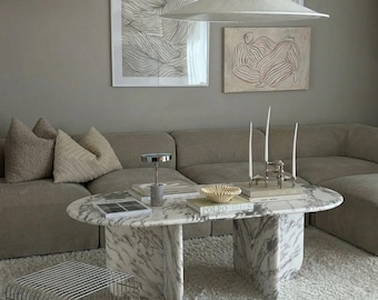 Mesa de centro de mármol Calacatta Viola – Diseño de pedestal escultural, estilo escandinavo