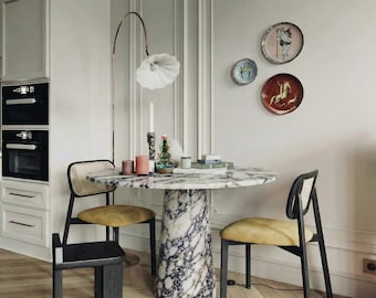 Mesa de comedor redonda de mármol Calacatta Viola hecha a mano / Muebles de lujo