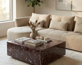 Mesa de centro de mármol Rosso Levanto de 39,4” x 39,4” x 13,8”, mesa con pedestal escultural, mesa de centro de lujo de piedra roja, mesa de mármol de diseño.