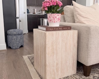 Mesa auxiliar de mármol travertino – Mesa de pedestal de piedra natural hecha a mano