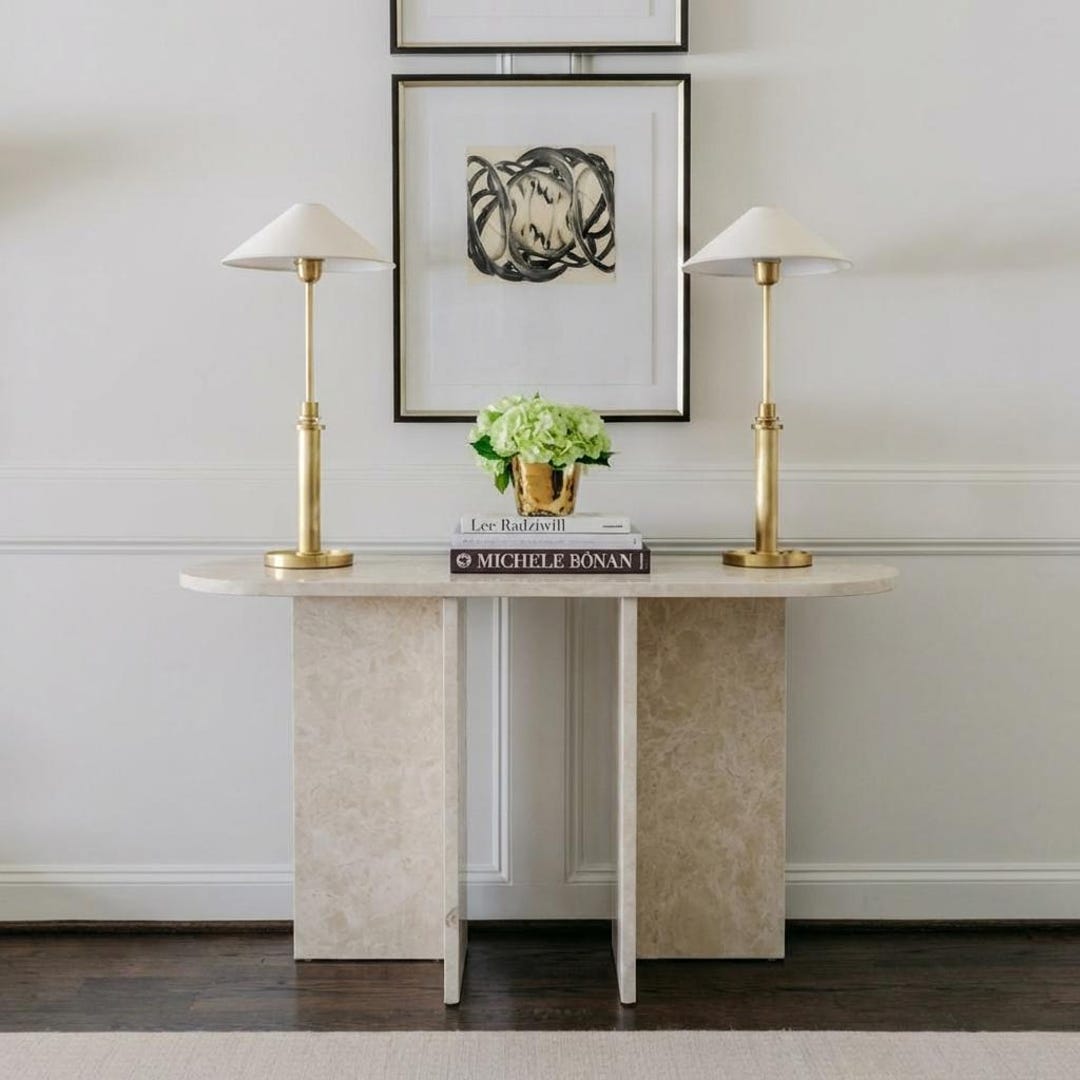 Travertine Console Table – Minimalist Narrow Sculptural Entry & Foyer ...