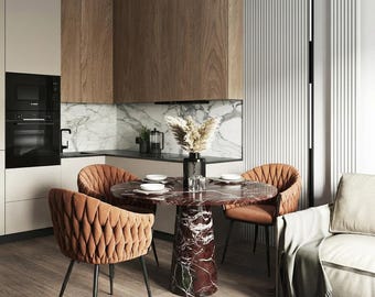 Mesa escultural de mármol Rosso Levanto: pieza de diseño con losas a juego en rojo cereza