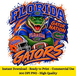 Puede incluir: Una ilustración gráfica que muestra un caimán verde con gorra y sudadera azul con el texto FLORIDA GATORS. El diseño incluye un casco de fútbol americano naranja, un balón y una bandera azul con el texto GATOR NATION sobre un fondo salpicado.