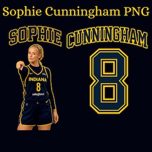May include: A digital graphic featuring the text Sophie Cunningham PNG at the top. Below, the name Sophie Cunningham is arched over a large yellow number 8. To the left, a basketball player wears a navy blue Indiana jersey with the number 8.