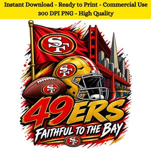 Puede incluir: Un gráfico digital que muestra un casco de fútbol americano dorado, un balón de fútbol marrón y una bandera roja, todos con el logo de los San Francisco 49ers. El fondo incluye un puente rojo y una ciudad, con el texto 49ERS FAITHFUL TO THE BAY.