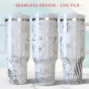 May include: Three white tumblers with handles and lids, featuring a silver metallic floral and tropical leaf pattern. The center tumbler displays the text "Sunny" in a decorative script font. The image includes the text "SEAMLESS DESIGN SVG FILE".