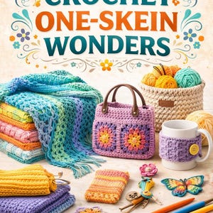 May include: A collection of crochet items, including a bag, mug cozy, and blankets, with the text "How to Crochet One-Skein Wonders" and "101 One-Skein Crochet Projects for Everyday Making". The items are in various colors, such as purple, orange, and blue.