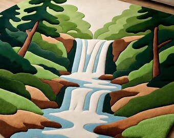 Waterfall Forest Rug, Nature Landscape Tufted Rug, River Shape Carpet, Unique Artistic Floor Decor