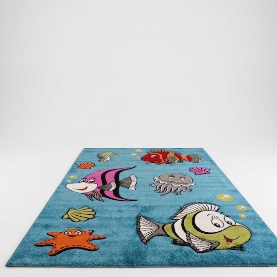 Kids Ocean Theme Rug Cartoon Fish Carpet Nursery Playroom Baby Room Decor Soft