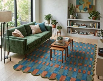 Handmade Geometric Scalloped Rug, Blue Modern Tufted Carpet, Kids Room Decor