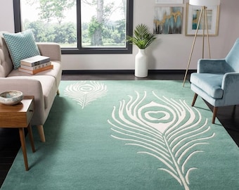 Modern Peacock Feather Area Rug Green Living Room Carpet Soft Handmade Floor Decor