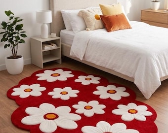 Red Daisy Flower Rug, Handmade Tufted Carpet, Scandinavian Floral Area Rug