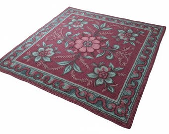 Handmade Floral Area Rug, Burgundy Pink Teal, Vintage Style