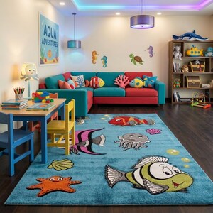 May include: A child's playroom with a blue rug featuring cartoon fish and sea creatures. A red and teal sectional sofa is adorned with fish-shaped pillows. The room includes a wooden bookshelf, a small table, and a lamp with an octopus design.