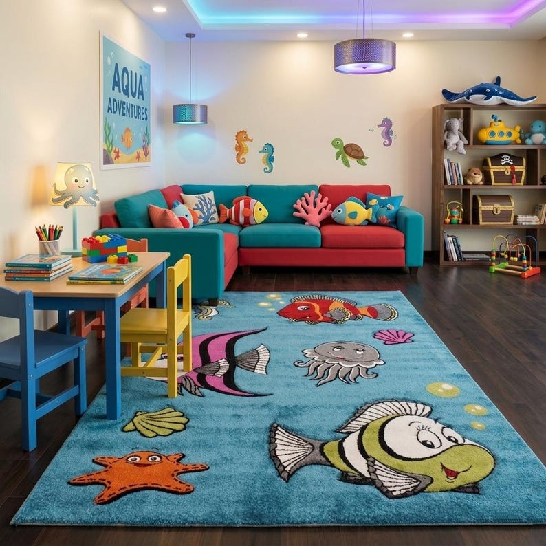 May include: A child's playroom with a blue rug featuring cartoon fish and sea creatures. A red and teal sectional sofa is adorned with fish-shaped pillows. The room includes a wooden bookshelf, a small table, and a lamp with an octopus design.