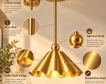 Lampada a sospensione vintage in ottone con bordo smerlato, apparecchio da soffitto in stile moderno di metà secolo (ottone spazzolato)