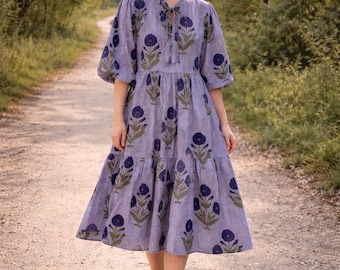 Handmade Indian Cotton Dress | Blue Stripe Floral Print | Flowy Tiered Boho Summer Dress