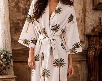 Kimono 100 % algodón, estampado de palmeras, estilo bohemio, para playa