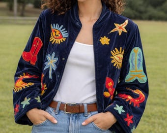 Handmade Velvet Suzani Jacket; Embroidery Flower Boho Coat, Trending clothes, Indian actress favourite suzani