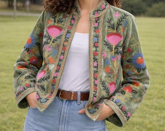 Indian Velvet Suzani Embroidery Jacket, Boho Floral Artisan Coat, Women's Outerwear
