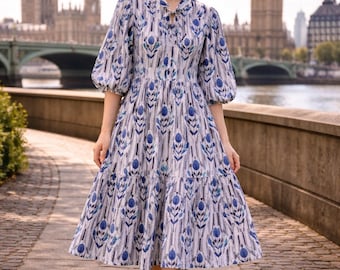 Hand Block Print Cotton Midi Dress | Blue Floral Tiered Boho Summer Dress