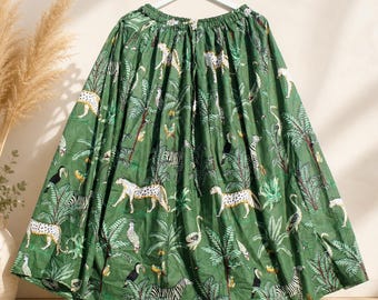 Jungle Print A-Line Midi Skirt, Boho Safari Cotton Summer Skirt