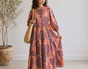 Orange Cotton Hand Block Print Maxi Dress | Boho Tiered Summer Ethnic Style