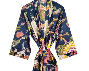 Bridal robe Handmade Floral Cotton Kimono Bathrobe – Lightweight, Bohemian Loungewear, Printed robes