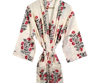 Cotton Kimono Robe, Floral Print Loungewear, Boho Spa Cover Up