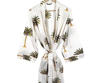100% Cotton Kimono Robe, Palm Tree Print, Boho Loungewear, Beach Cover Up