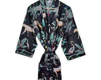 Jungle safari Print, Handmade Floral Cotton Kimono Bathrobe – Lightweight, Bohemian Loungewear, Printed robes