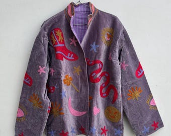 Indian Velvet Suzani Embroidery Jacket, Boho Floral Artisan Coat, Women's Outerwear