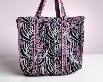 Quilted Tote Bag | Pink Zebra Print Cotton | Indian Boho Shoulder Bag