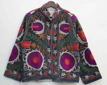 Velvet Handmade Suzani Embroidery ,Women – Bohemian Vintage Style Coat – Colorful Floral Jacket
