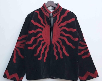 Floral Embroidered Velvet Suzani Jacket: Boho Short Coat